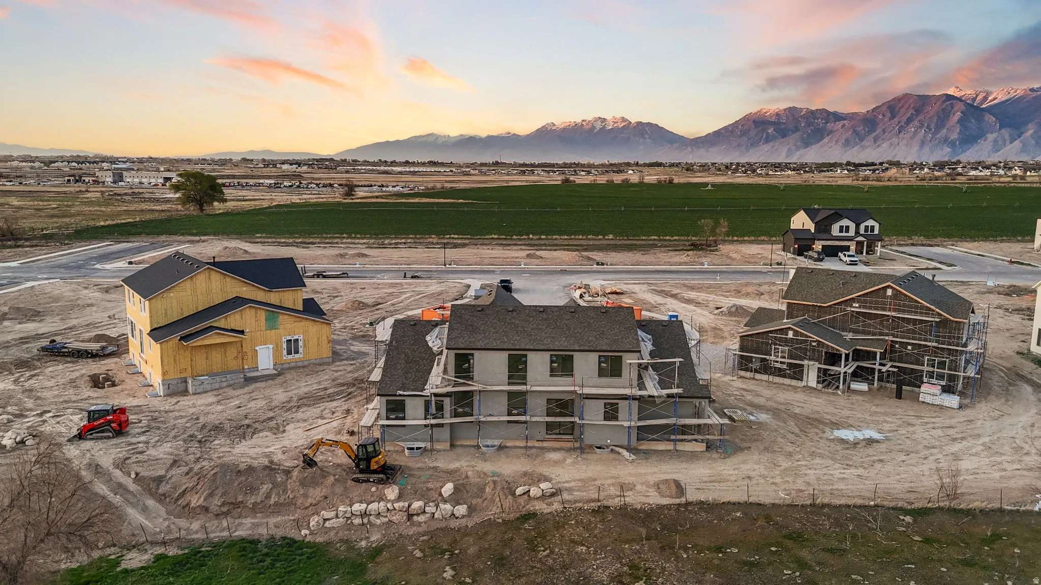 Aerial view at dusk of a mountain view