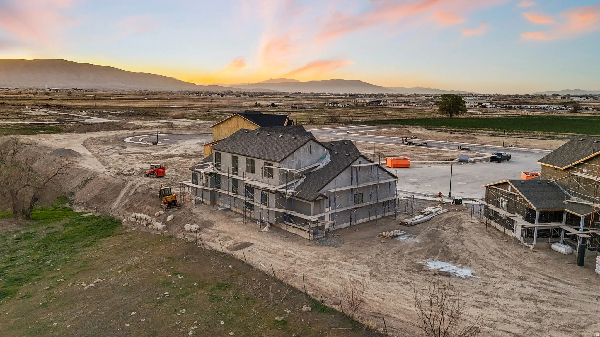 Aerial view at dusk of a mountain view