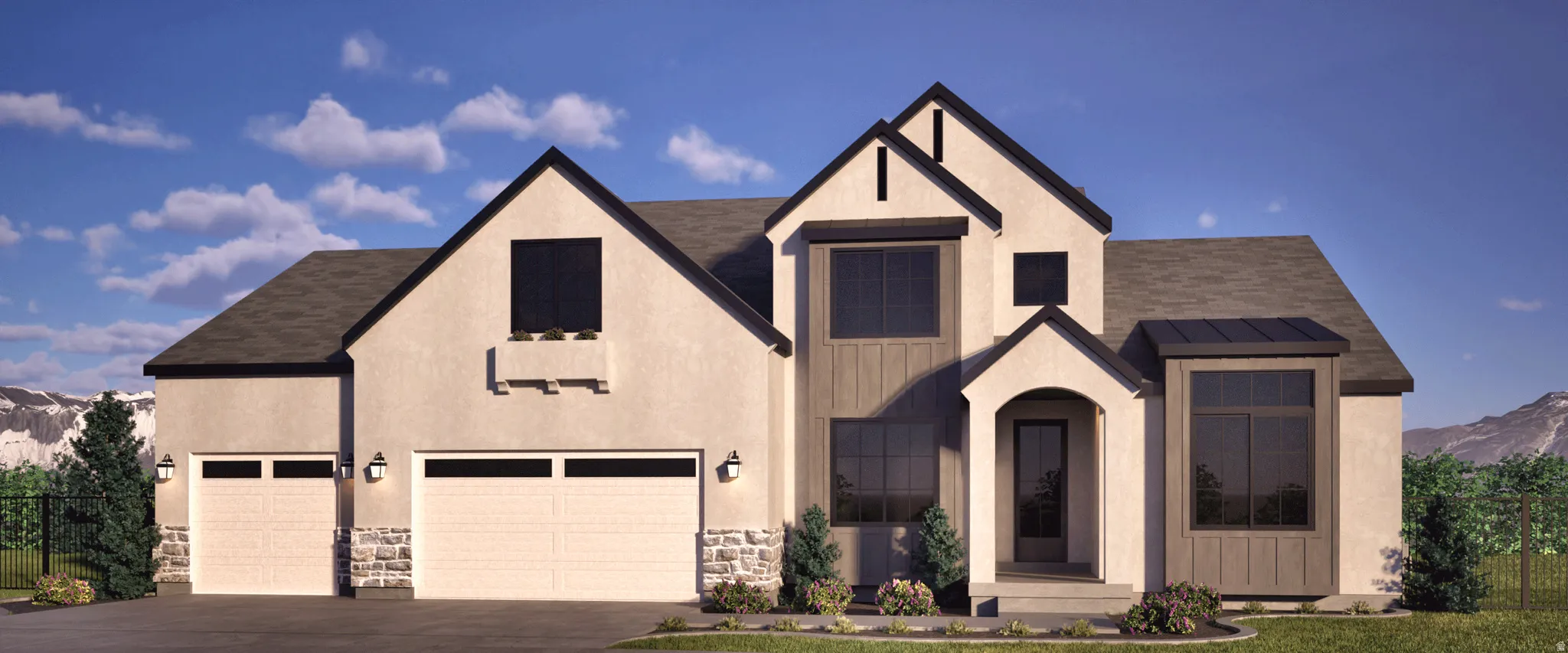 View of front of home with a mountain view, stone siding, concrete driveway, and a shingled roof