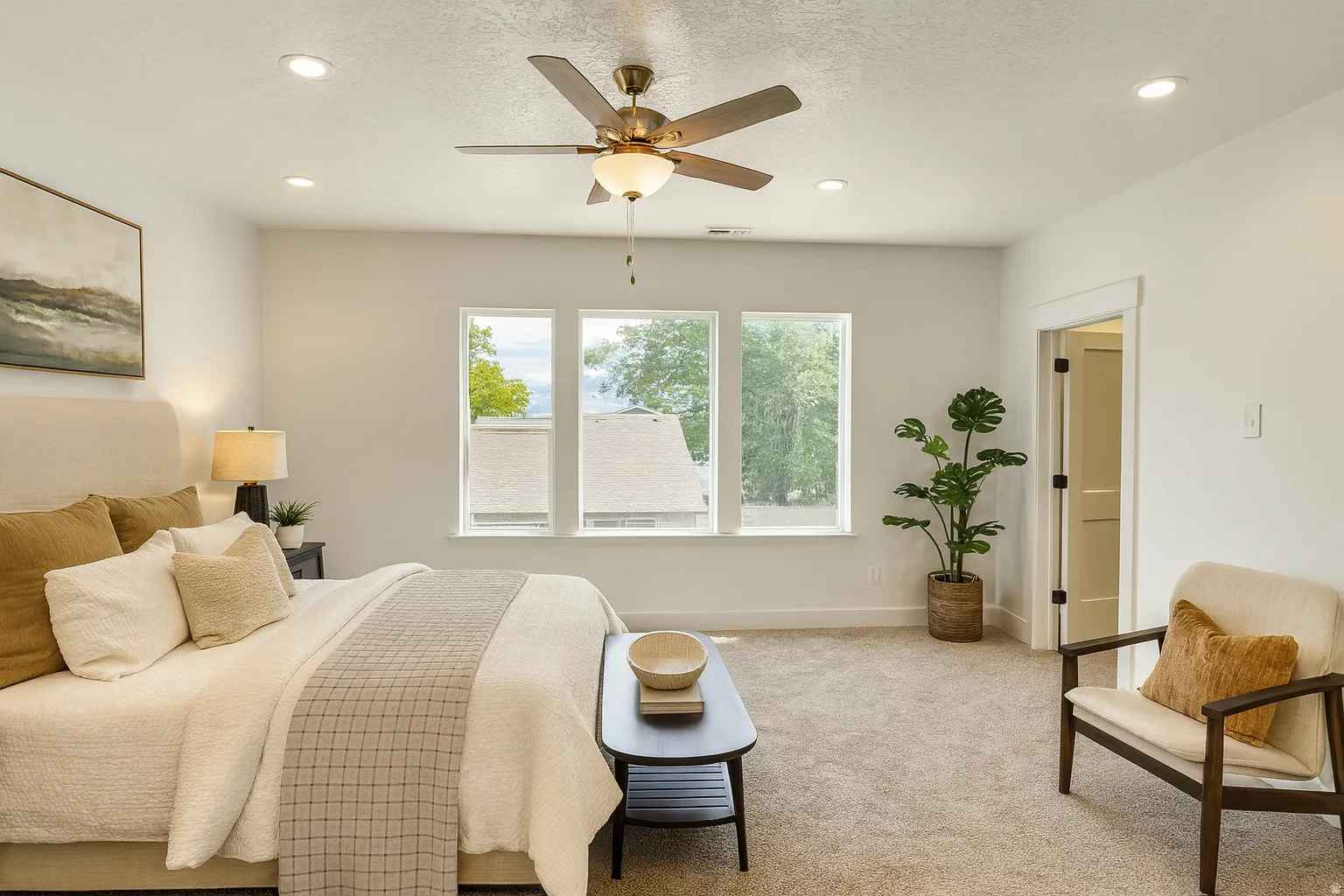 Bedroom featuring recessed lighting, carpet, ceiling fan, and a textured ceiling