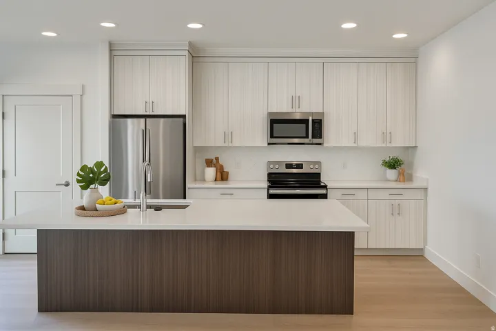 Kitchen with stainless steel appliances, an island with sink, light wood finished floors, light stone counters, and backsplash