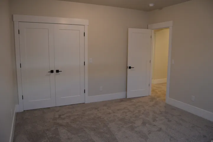 Neutral-toned wall paint, white trim, paneled doors with matte black hardware, and gray carpeting