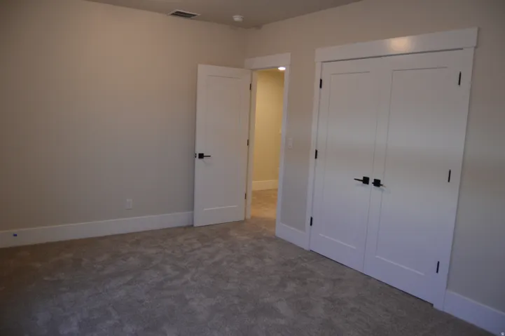 Neutral tone painted walls, light gray carpet flooring, white trim, white doors with matte black hardware, and an overhead light fixture