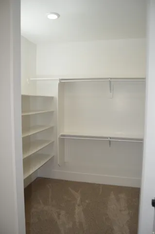 Recessed ceiling lighting, white walls, built-in shelving, hanging rods, and carpet flooring