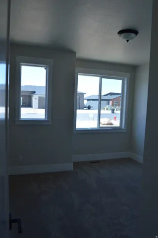 Carpeted room featuring multiple windows with white trim, a flush-mount ceiling light fixture, and neutral-toned walls