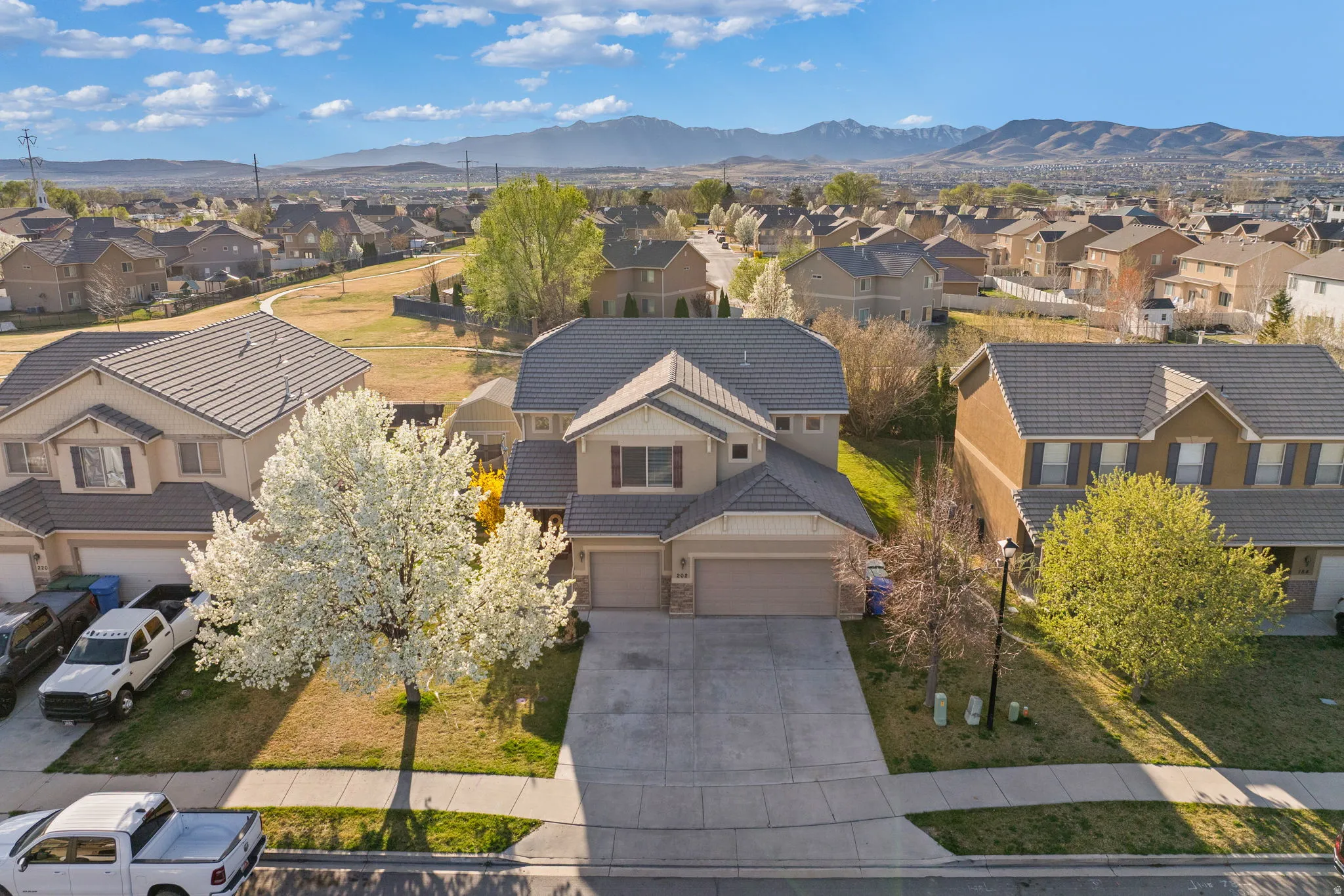 Aerial perspective of suburban area featuring mountains