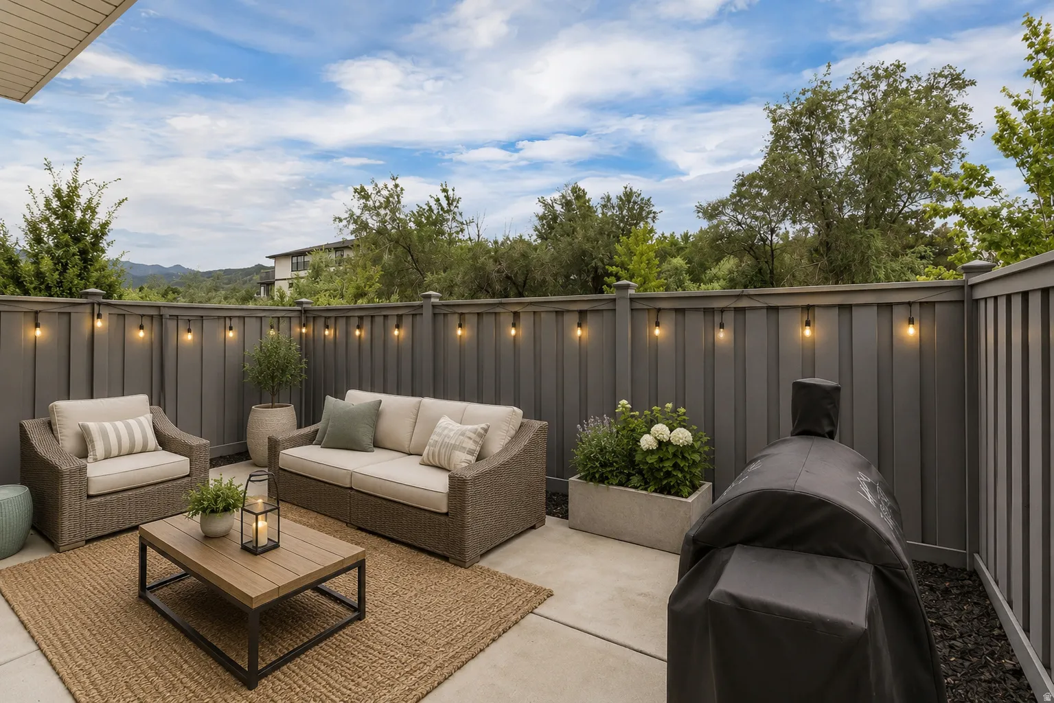 Virtually Staged Outdoor patio with concrete slab flooring and a perimeter privacy fence