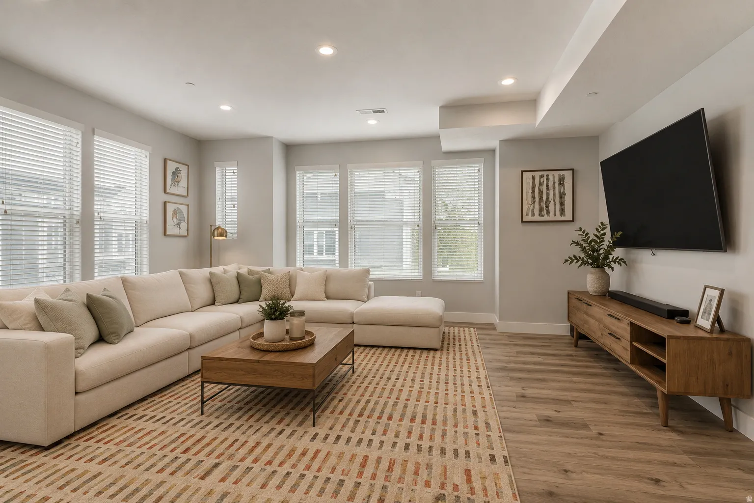 Virtually staged Spacious living area featuring wood-finish flooring, numerous windows with blinds, recessed ceiling lighting, and a contemporary media console