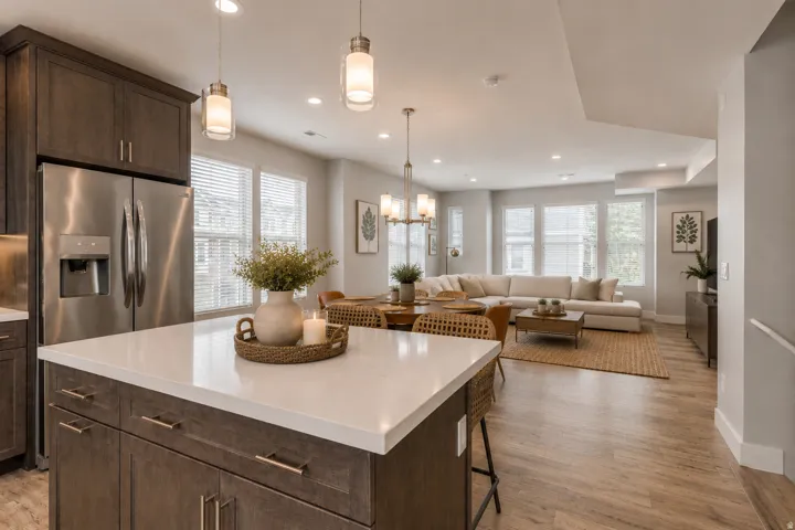 Virtually Staged  Kitchen island with a white countertop and dark cabinetry, stainless steel refrigerator, recessed lighting, wood-finish flooring, and multiple windows with blinds