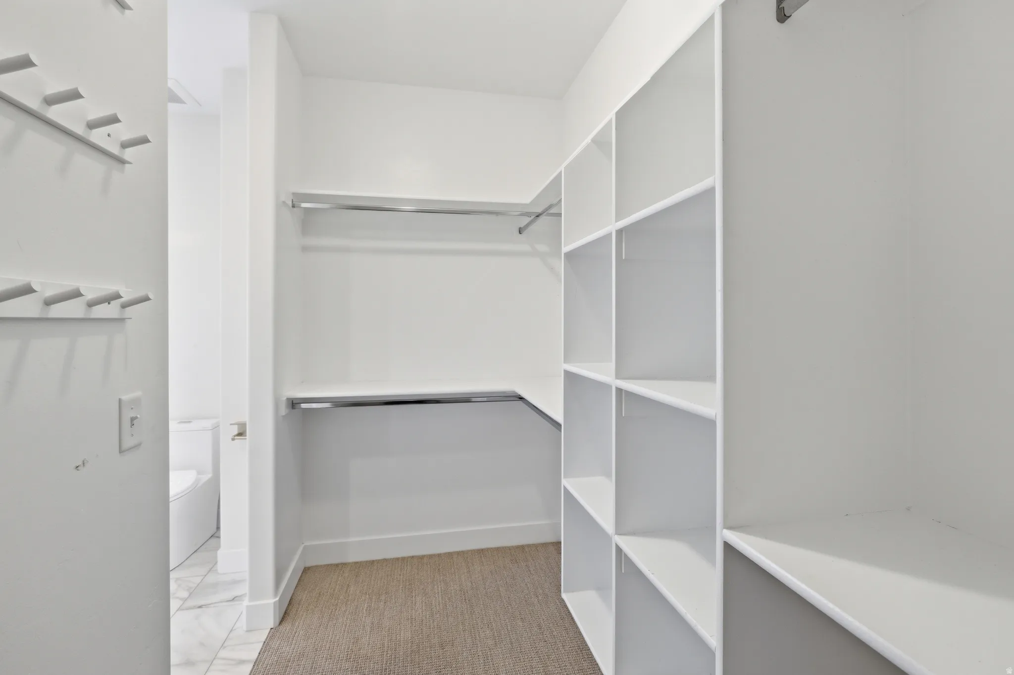 Walk-in closet featuring built-in shelving, two chrome hanging rods, and neutral carpet flooring