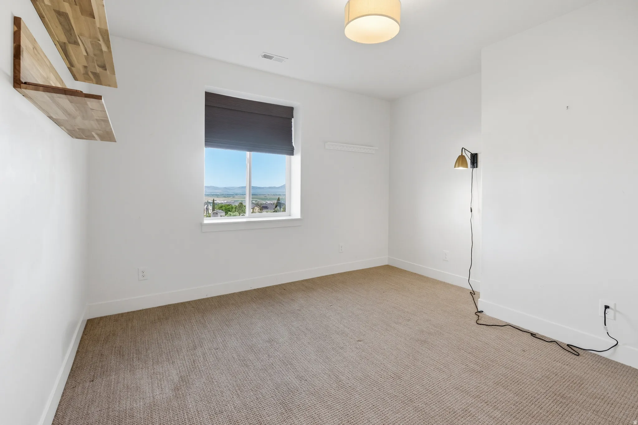 Bright room featuring a large window with roller shade, two floating wood shelves, and neutral carpet flooring