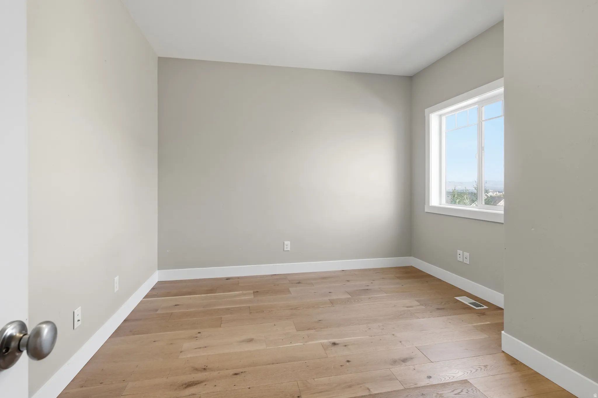 Room featuring light wood-finish flooring, neutral wall paint, white baseboards, and a white-framed window