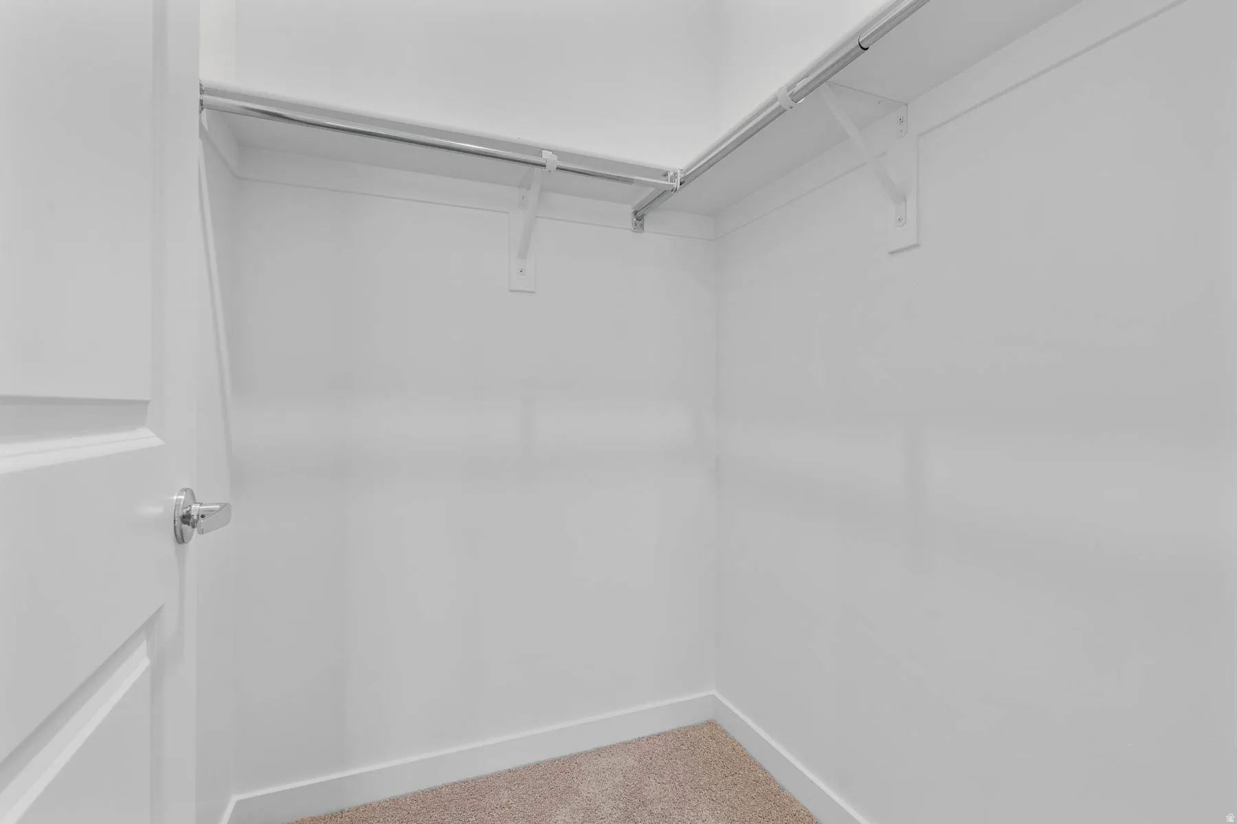 Walk-in closet featuring white walls, white trim, and light brown carpeting