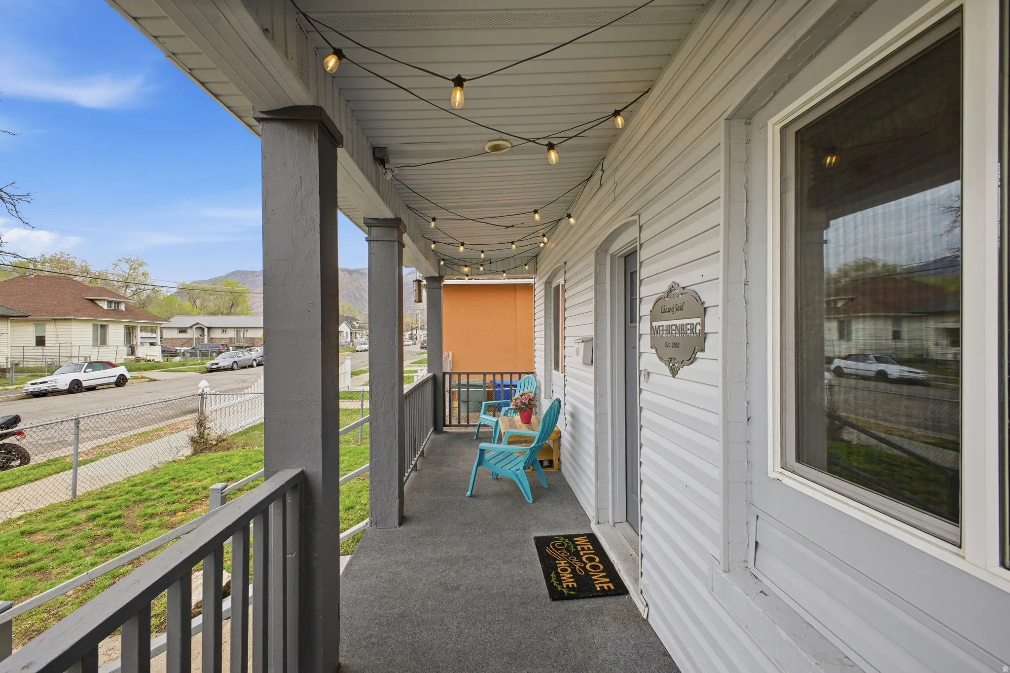 Porch featuring a mountain view