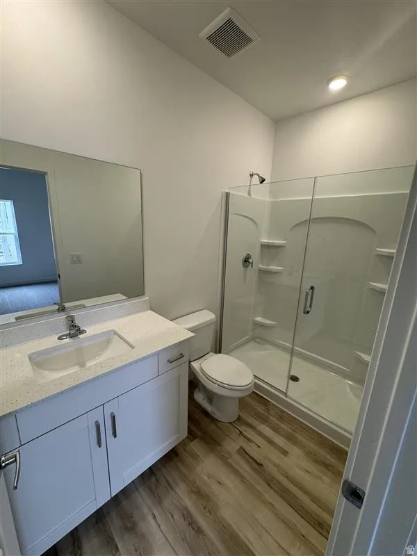 Bathroom with a stall shower, vanity, and dark wood finished floors