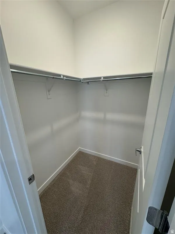 Walk in closet with dark colored carpet