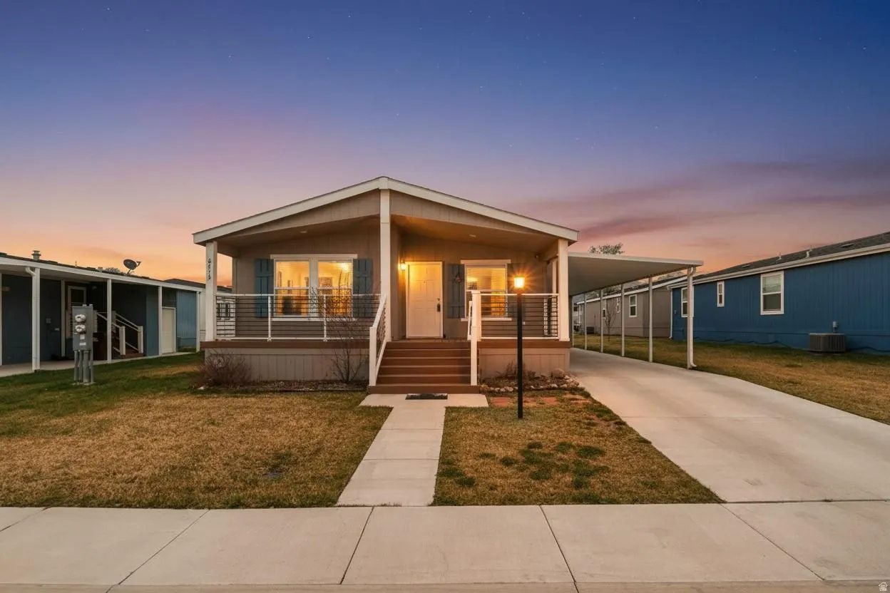 Manufactured / mobile home featuring covered porch, an attached carport, driveway, and a front lawn