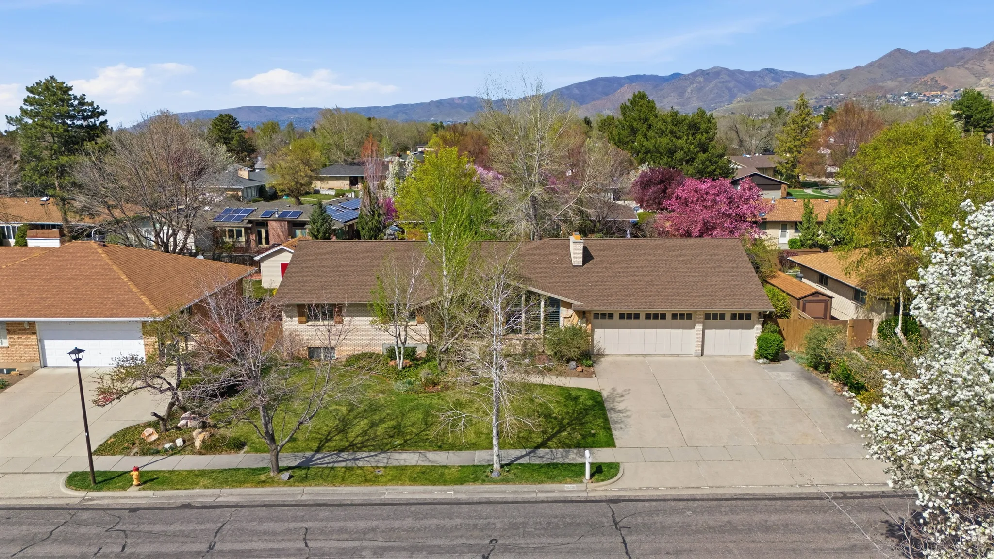 Aerial perspective of suburban area with mountains