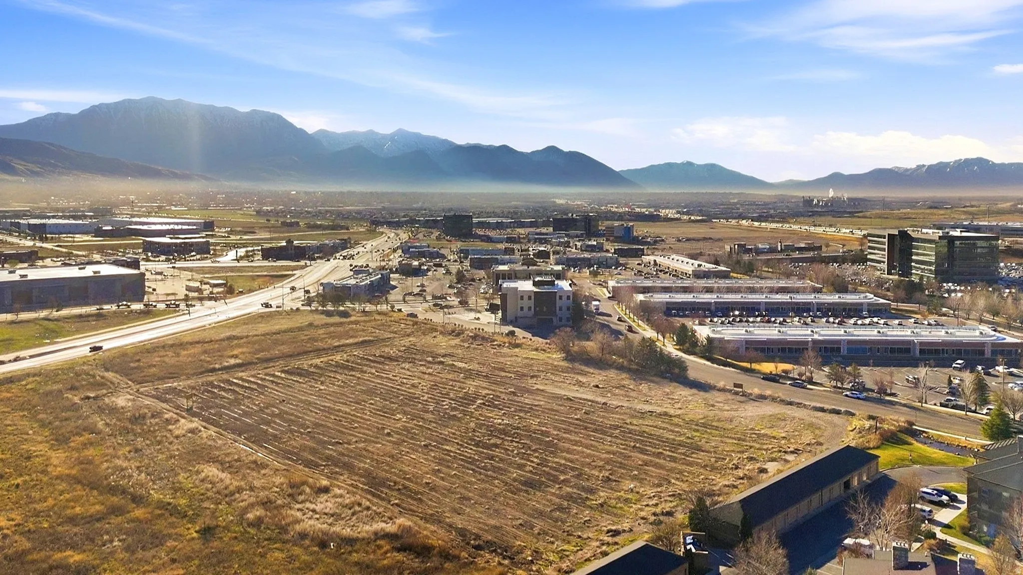 Drone / aerial view of a mountainous background