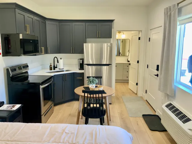 Kitchen with stainless steel appliances, light wood finished floors, and gray cabinets