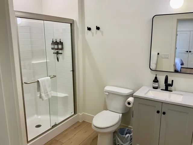 Bathroom featuring vanity, light wood finished floors, a stall shower, and ensuite bathroom