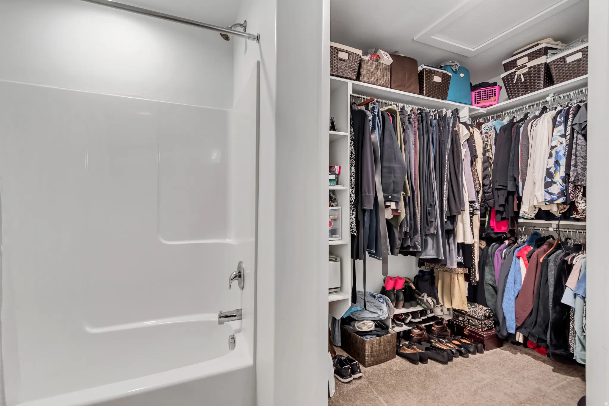 Walk in closet featuring light colored carpet and attic access