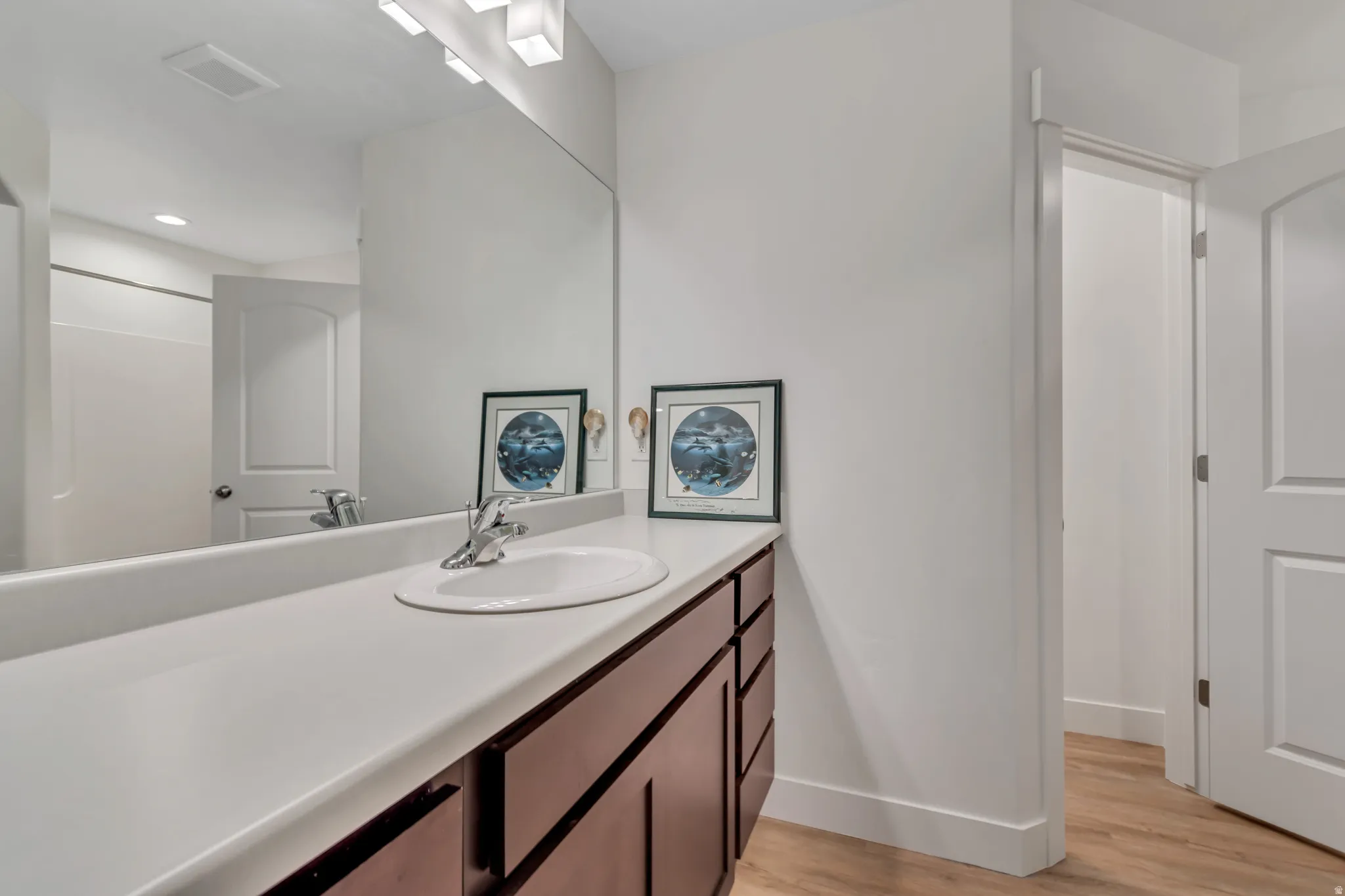 Full bathroom featuring vanity and light wood-style floors