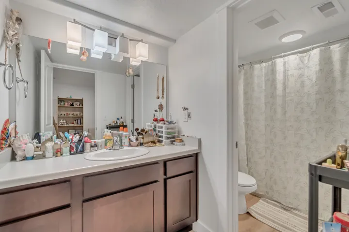 Bathroom featuring a shower with curtain and vanity