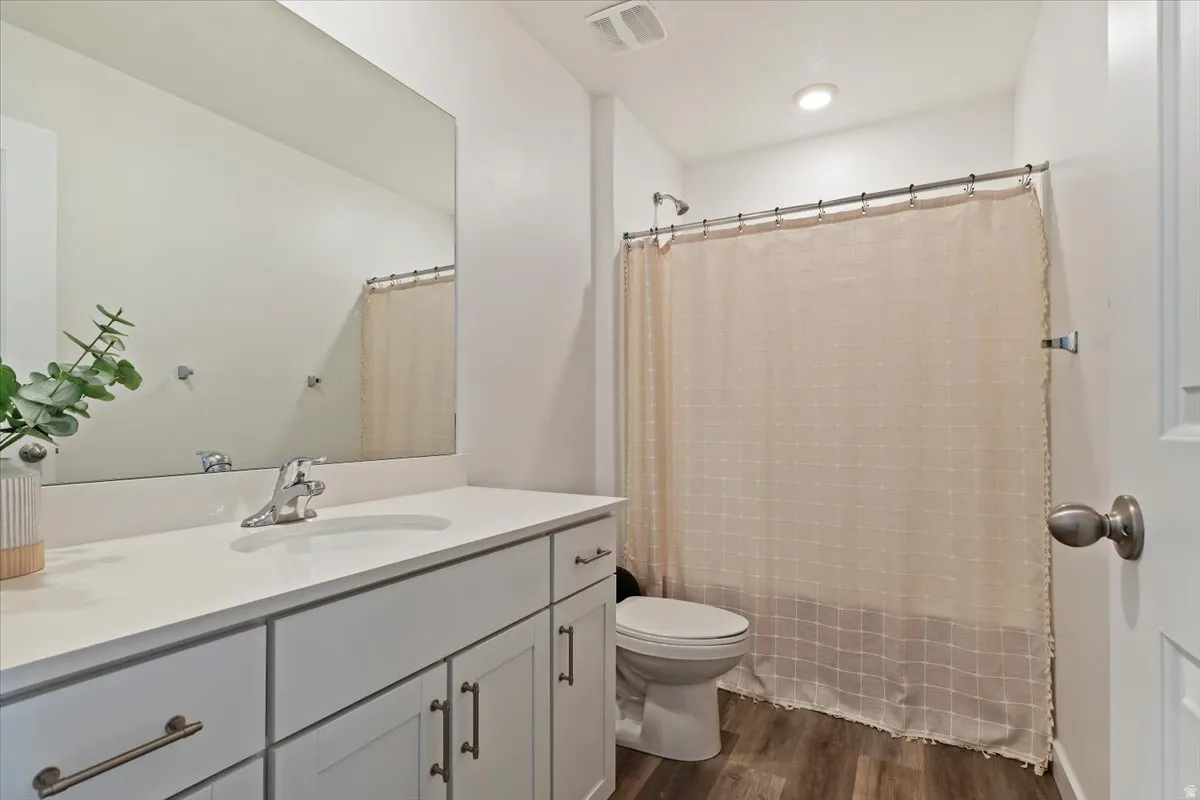 Bathroom featuring vanity, dark wood finished floors, and a shower with curtain