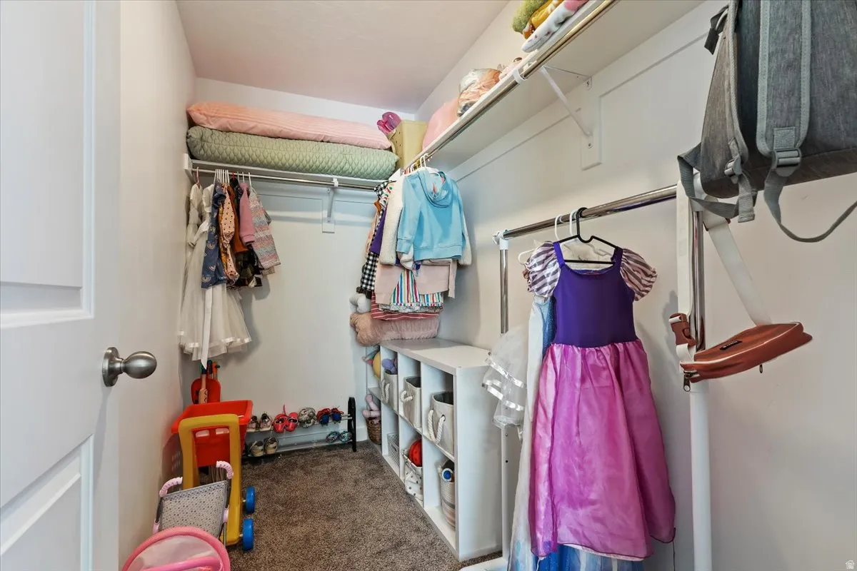 Walk in closet featuring dark colored carpet
