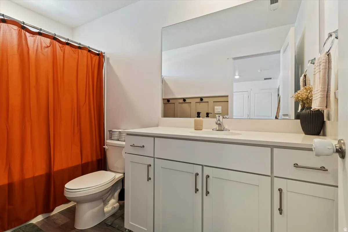 Bathroom featuring vanity and dark wood-type flooring