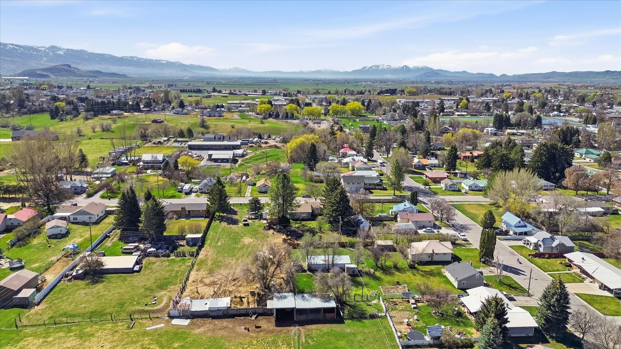 Aerial view of residential area with mountains
