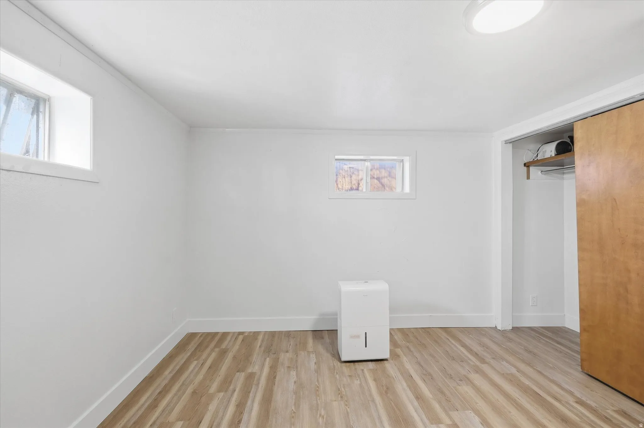 Bedroom 3 in basement with light wood-style floors and a closet