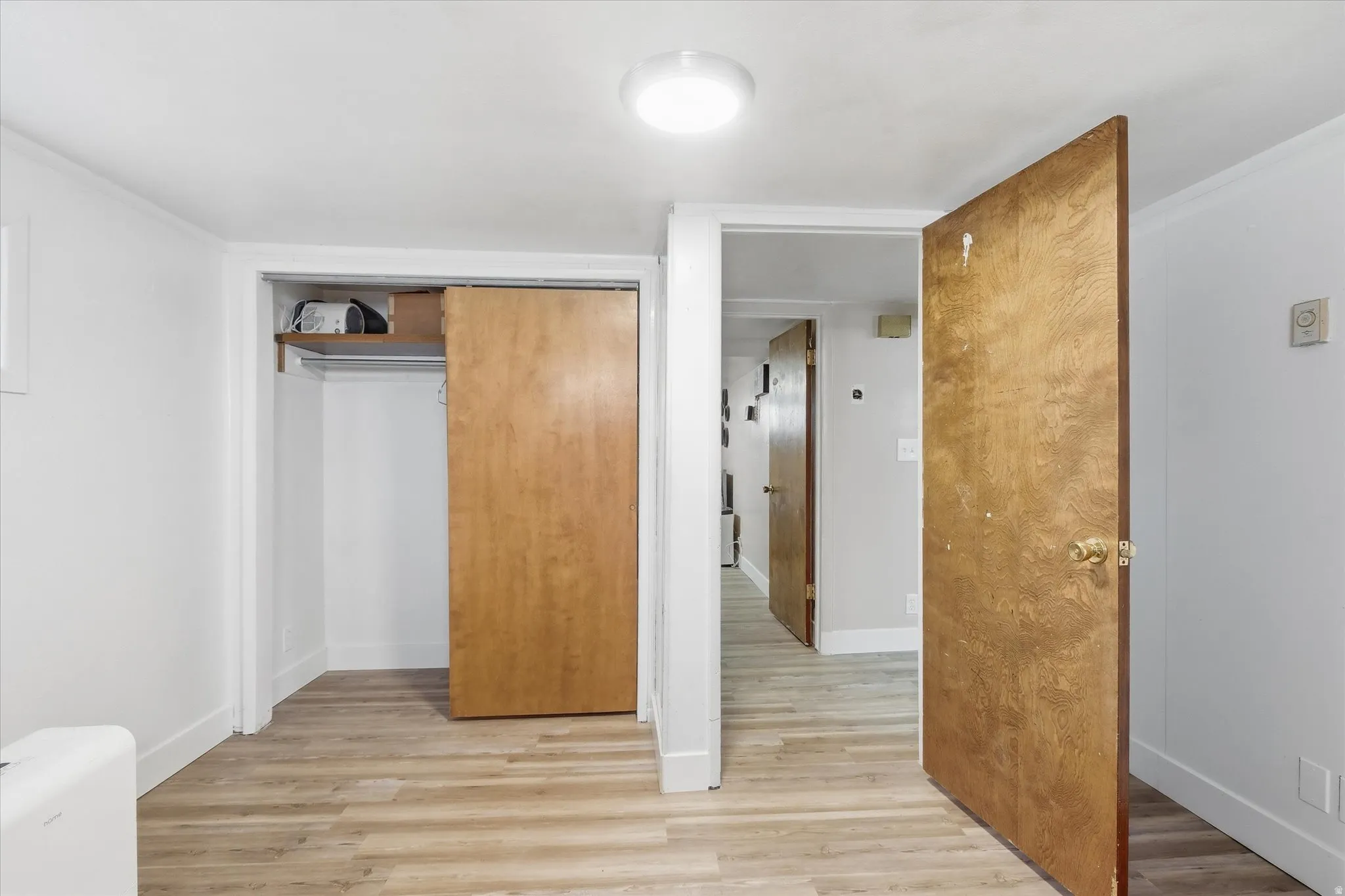 Bedroom 3 in basement with light wood-style flooring and a closet