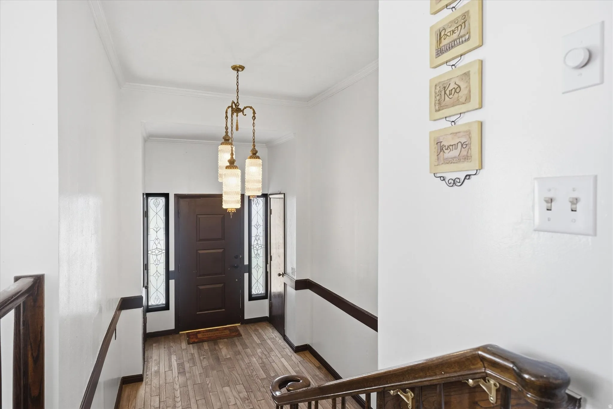 Entrance foyer featuring ornamental molding and dark wood-type flooring