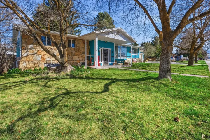 Front of property with a lawn and stone siding
