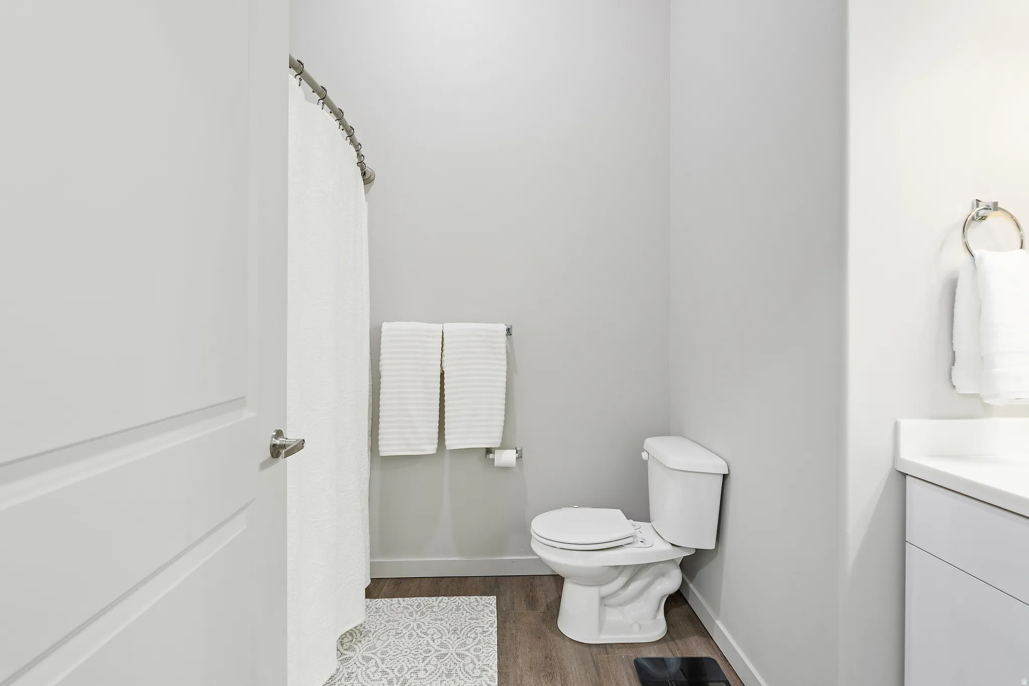 Bathroom featuring vanity, dark wood-style floors, and a shower with curtain