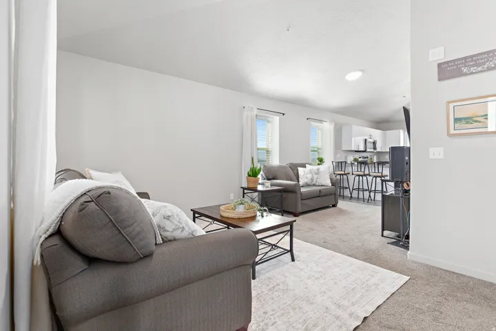 Carpeted living room featuring lofted ceiling and extra windows