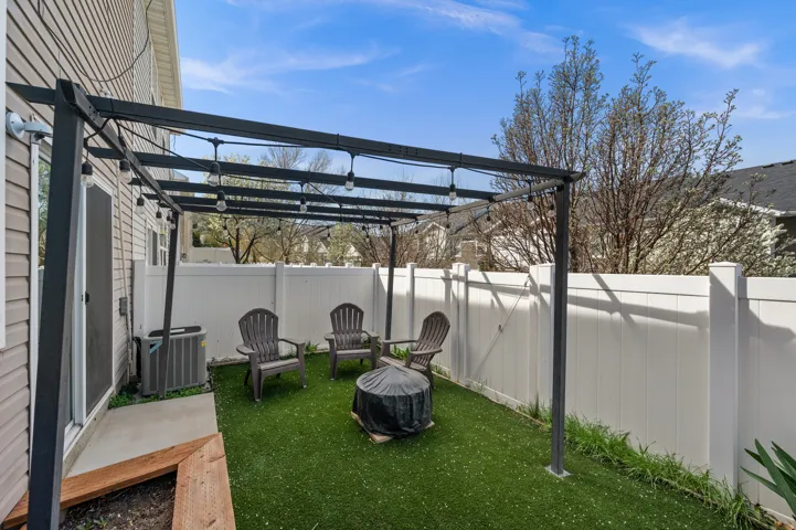 Fenced backyard with a patio and a pergola