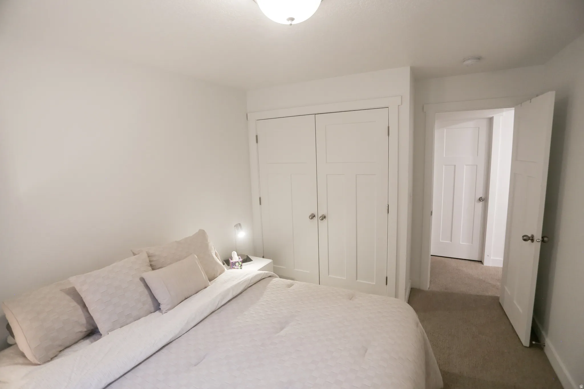 Carpeted bedroom featuring a closet