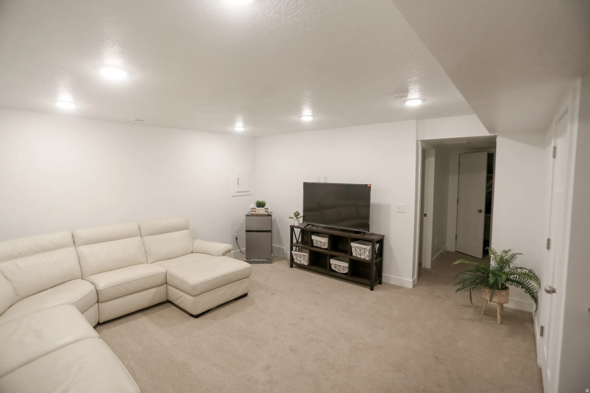 Carpeted living room with baseboards