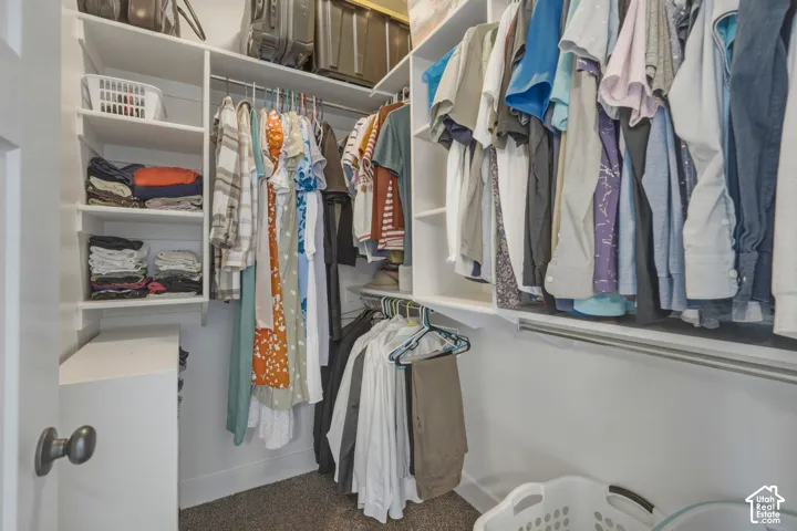 Walk in closet featuring dark carpet