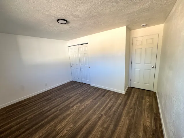 Unfurnished bedroom with dark wood-type flooring, a closet, and a textured ceiling