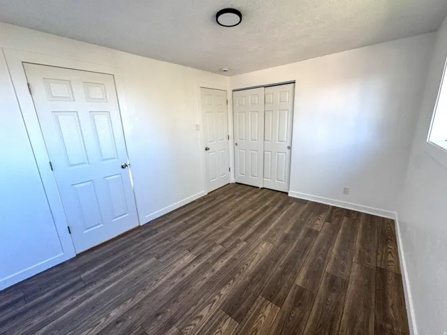 Unfurnished bedroom with dark wood-type flooring, a textured ceiling, and a closet