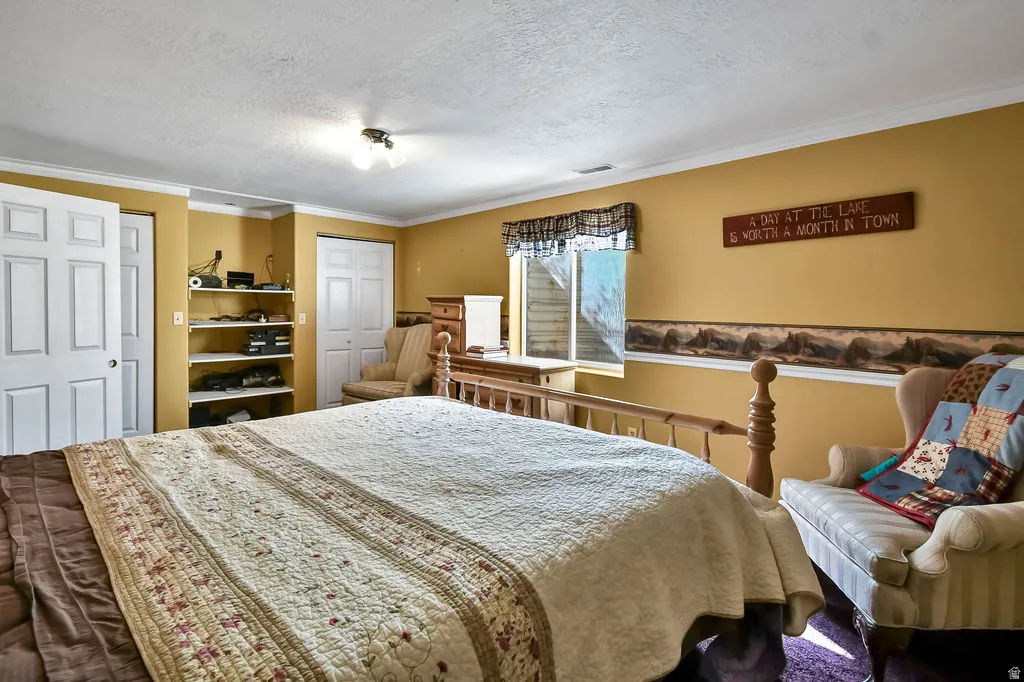 Bedroom with multiple closets, a textured ceiling, and ornamental molding