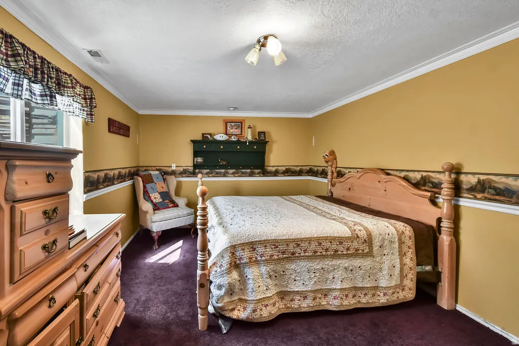 Bedroom with crown molding and dark colored carpet