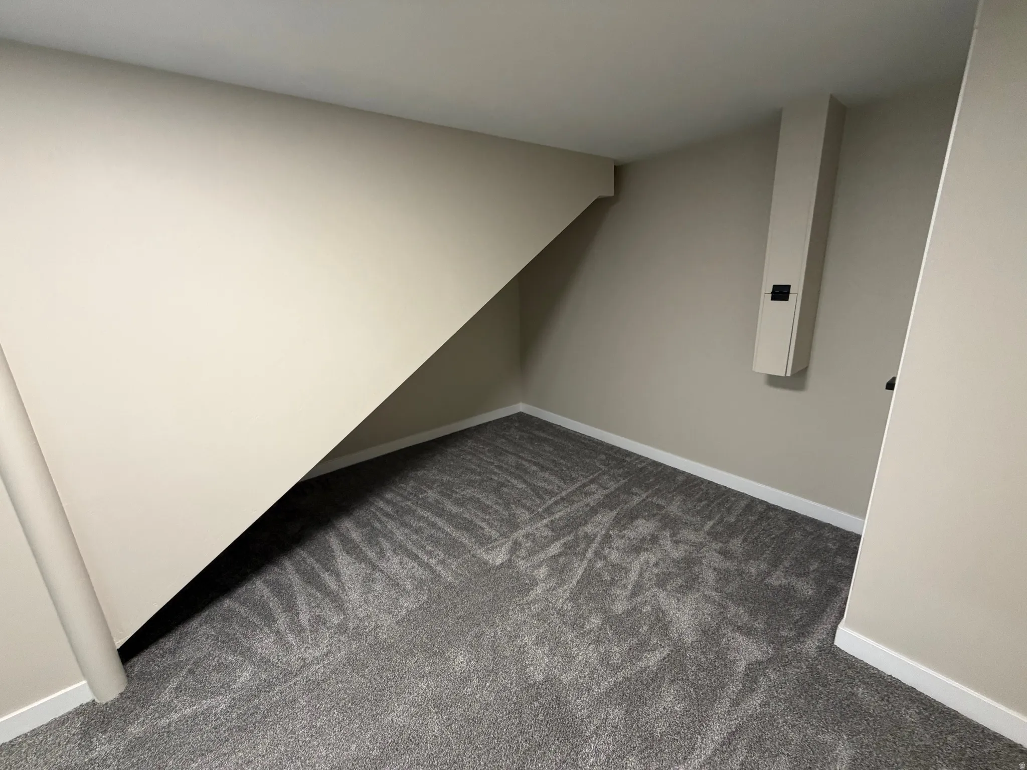 Additional living space featuring baseboards and dark carpet