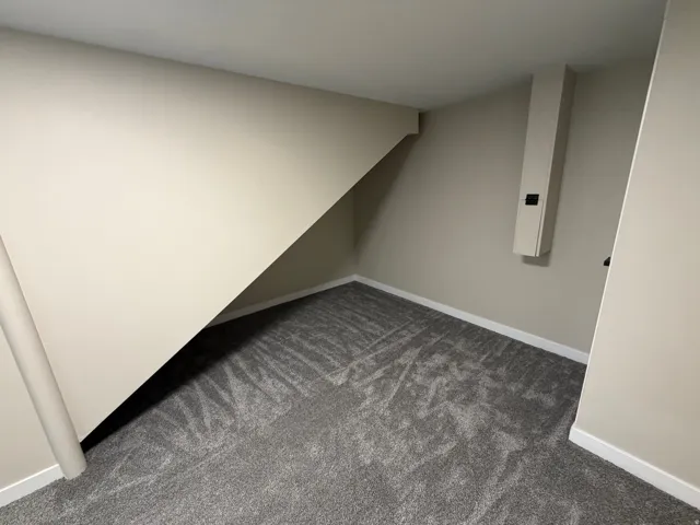 Additional living space featuring baseboards and dark carpet