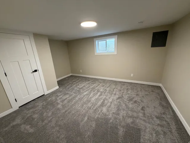 Below grade area with dark carpet and electric panel