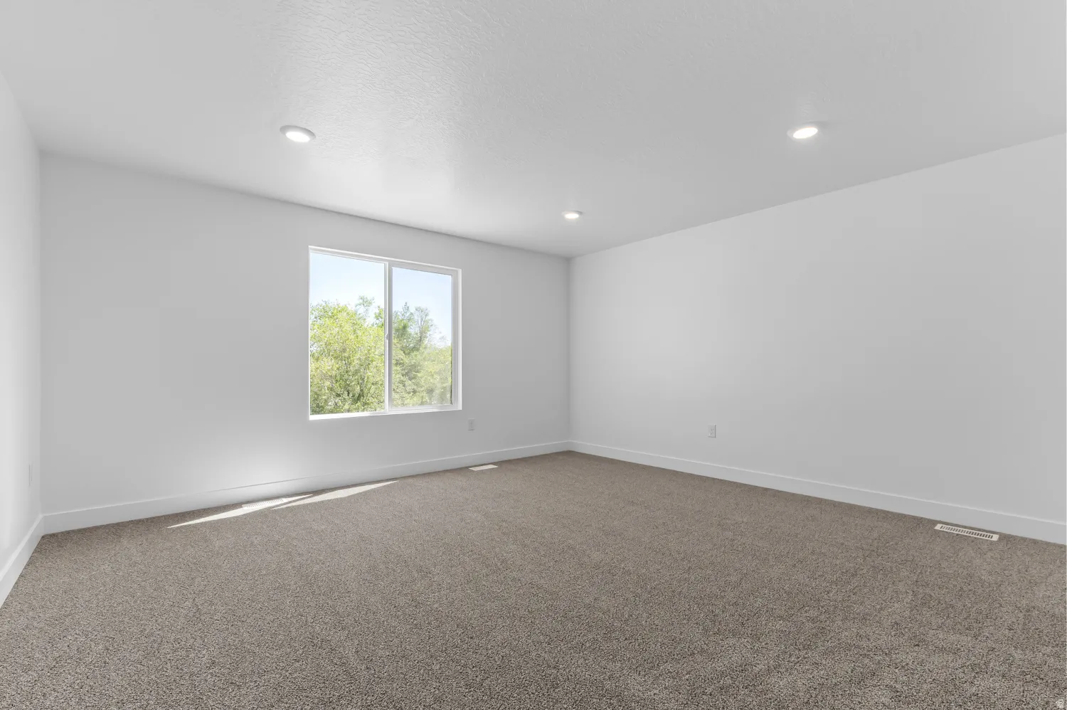 Neutral tone wall finish, recessed ceiling lighting, light-colored carpet, and a large window with white trim